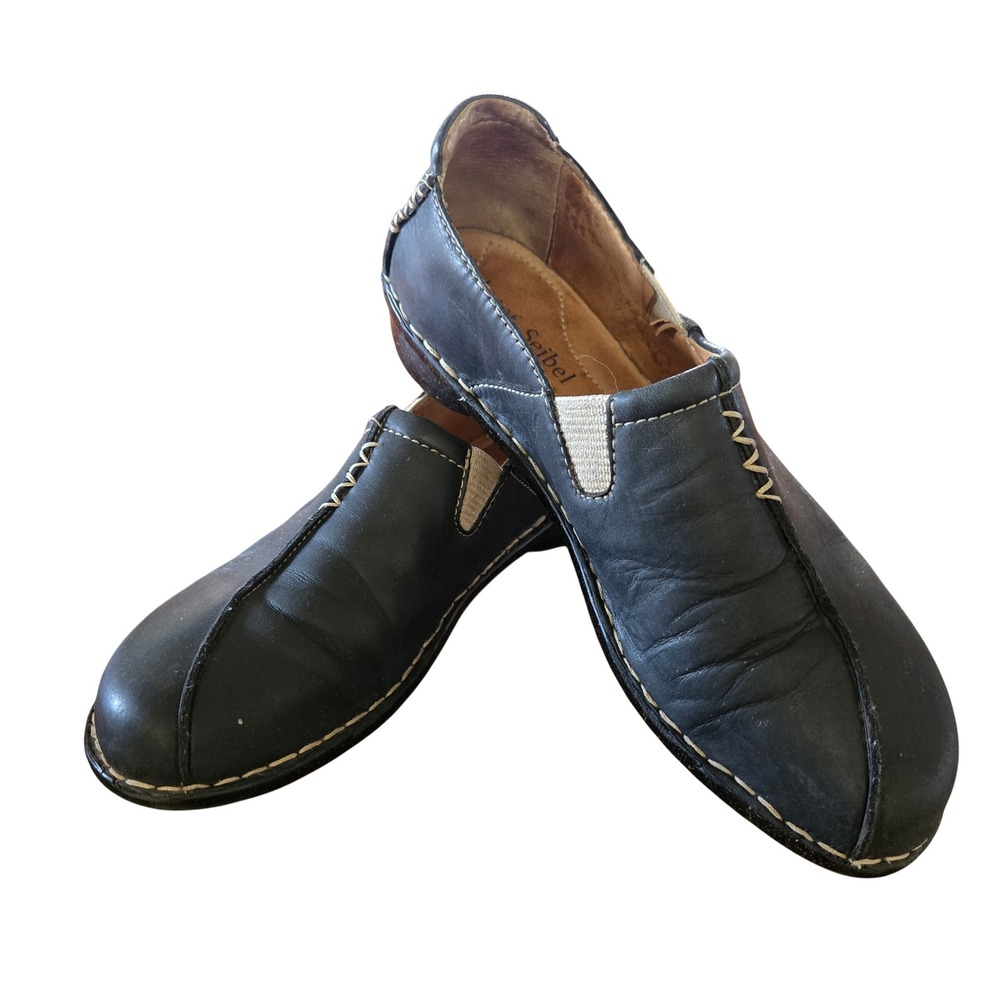Josef Seibel Boho Chic Womens Black Leather Slip On Loafers Whipstitch Sz 42/11